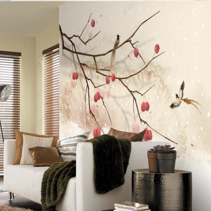 Chinoiserie Brushwrok Tree Branch with Fruits and Birds Wallpaper Wall Mural Wall Covering Home Decor