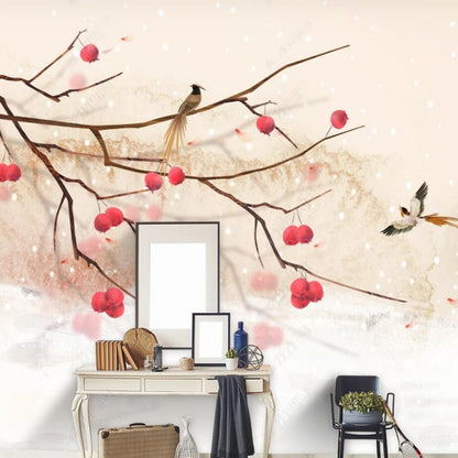 Chinoiserie Brushwrok Tree Branch with Fruits and Birds Wallpaper Wall Mural Wall Covering Home Decor