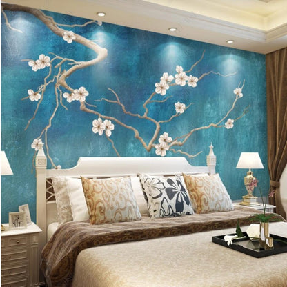 Chinoiserie Brushwrok Magnolia Tree with Birds Green Background Wallpaper Wall Mural Wall Covering Home Decor