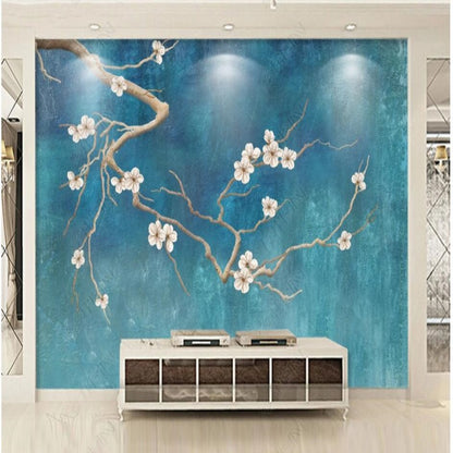 Chinoiserie Brushwrok Magnolia Tree with Birds Green Background Wallpaper Wall Mural Wall Covering Home Decor