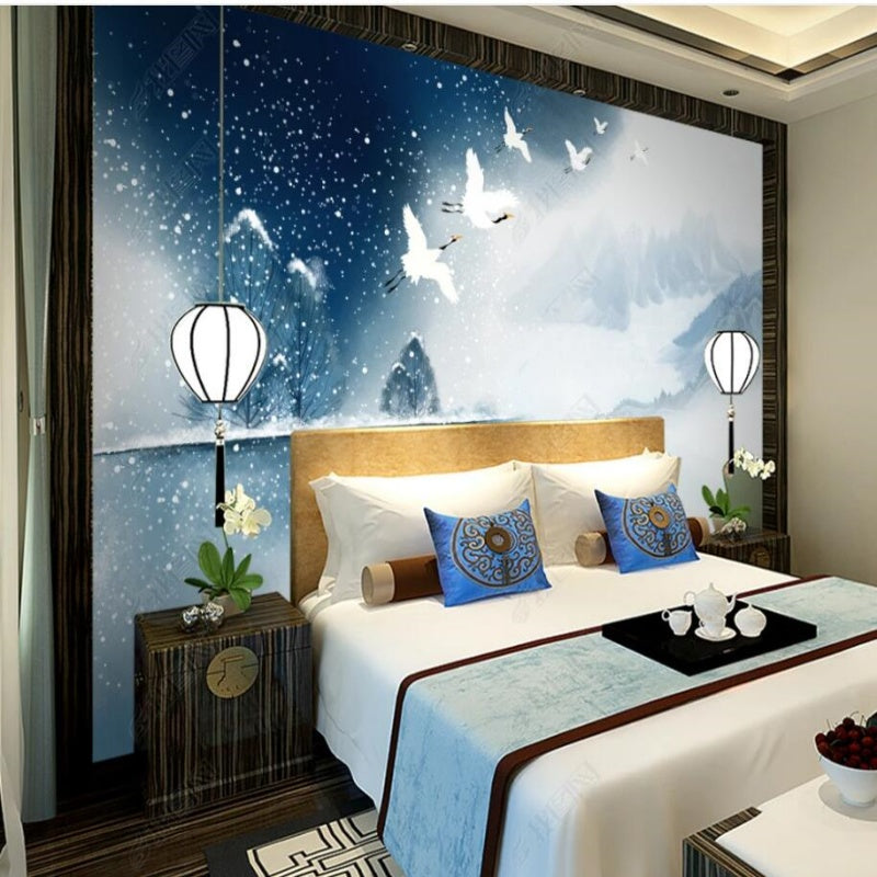 Chinoiserie Brushwrok Winter Blue Trees Mountains with Flying Cranes Wallpaper Wall Mural Wall Covering Home Decor