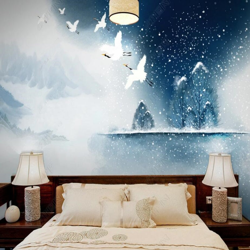 Chinoiserie Brushwrok Winter Blue Trees Mountains with Flying Cranes Wallpaper Wall Mural Wall Covering Home Decor