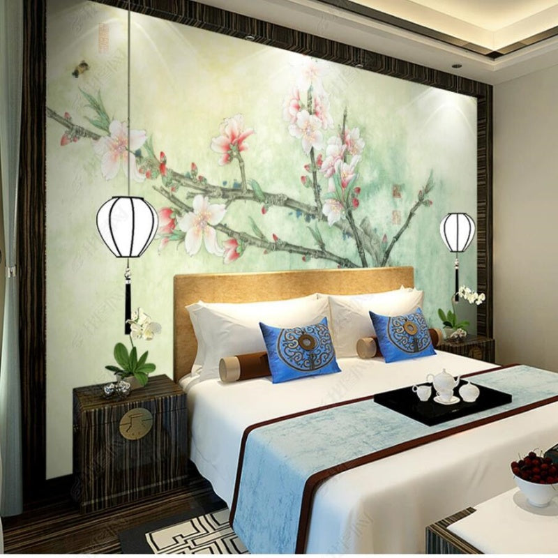 Chinoiserie Brushwrok Pink Plum Blossom Tree Wallpaper Wall Mural Wall Covering Home Decor