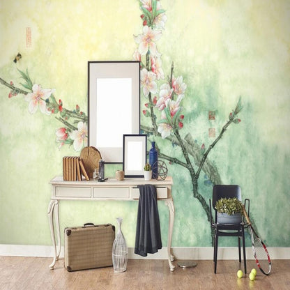 Chinoiserie Brushwrok Pink Plum Blossom Tree Wallpaper Wall Mural Wall Covering Home Decor