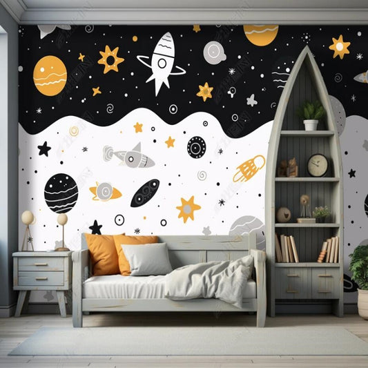 Cartoon Space and Rockets Nrusery Wallpaper Wall Mural Wall Covering Home Decor