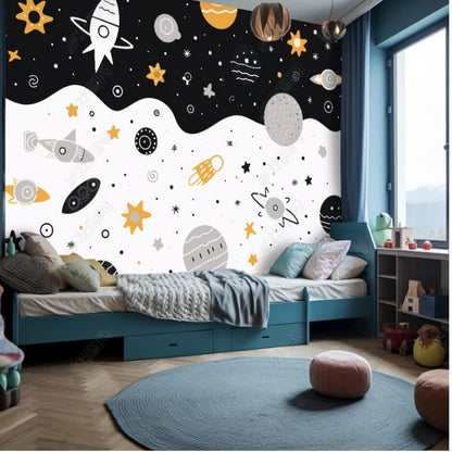 Cartoon Space and Rockets Nrusery Wallpaper Wall Mural Wall Covering Home Decor