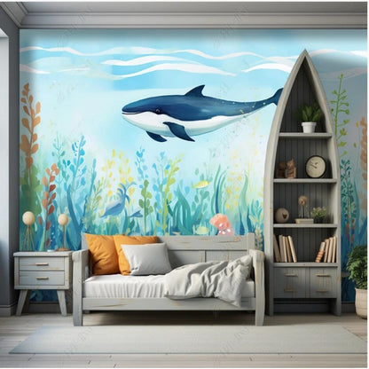 Cartoon Seaworld Big Shark and Water Plants Nursery Wallpaper Wall Mural Wall Covering Home Decor