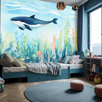 Cartoon Seaworld Big Shark and Water Plants Nursery Wallpaper Wall Mural Wall Covering Home Decor