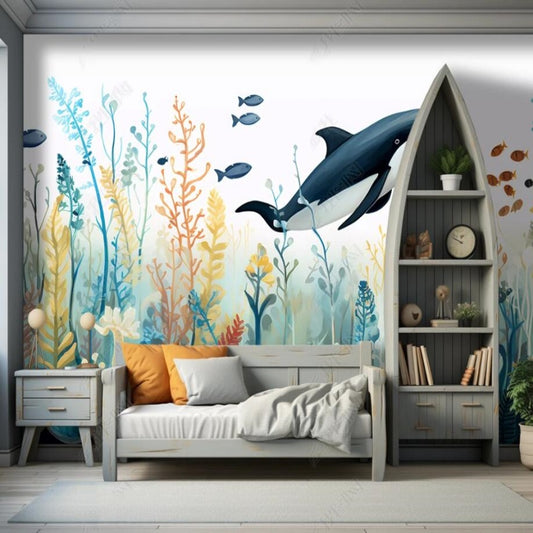 Cartoon Seaworld Big Shark and Water Plants Nursery Wallpaper Wall Mural Wall Covering Home Decor