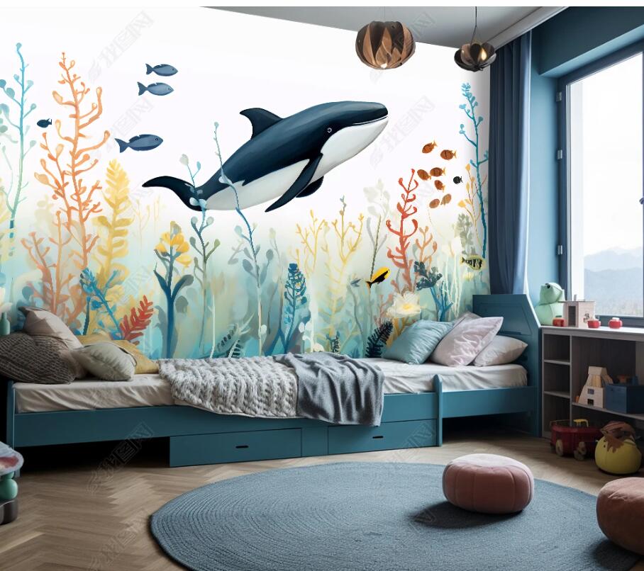 Cartoon Seaworld Big Shark and Water Plants Nursery Wallpaper Wall Mural Wall Covering Home Decor