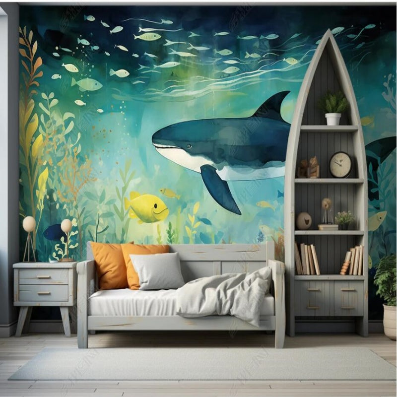 Cartoon Seaworld Big Shark and Water Plants Nursery Wallpaper Wall Mural Wall Covering Home Decor