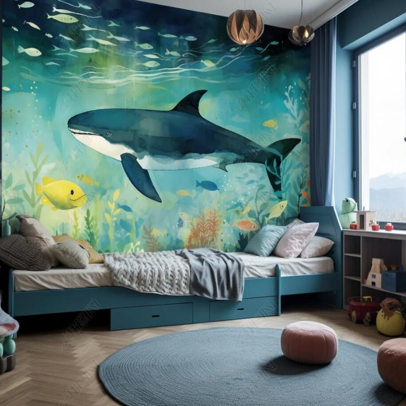 Cartoon Seaworld Big Shark and Water Plants Nursery Wallpaper Wall Mural Wall Covering Home Decor