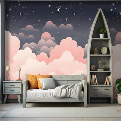 Cartoon Pink Clouds and Stars Nursery Wallpaper Wall Mural Wall Covering Home Decor