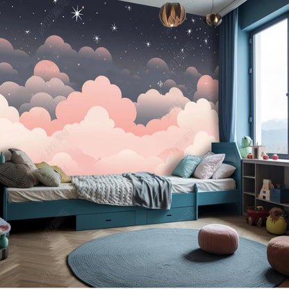 Cartoon Pink Clouds and Stars Nursery Wallpaper Wall Mural Wall Covering Home Decor