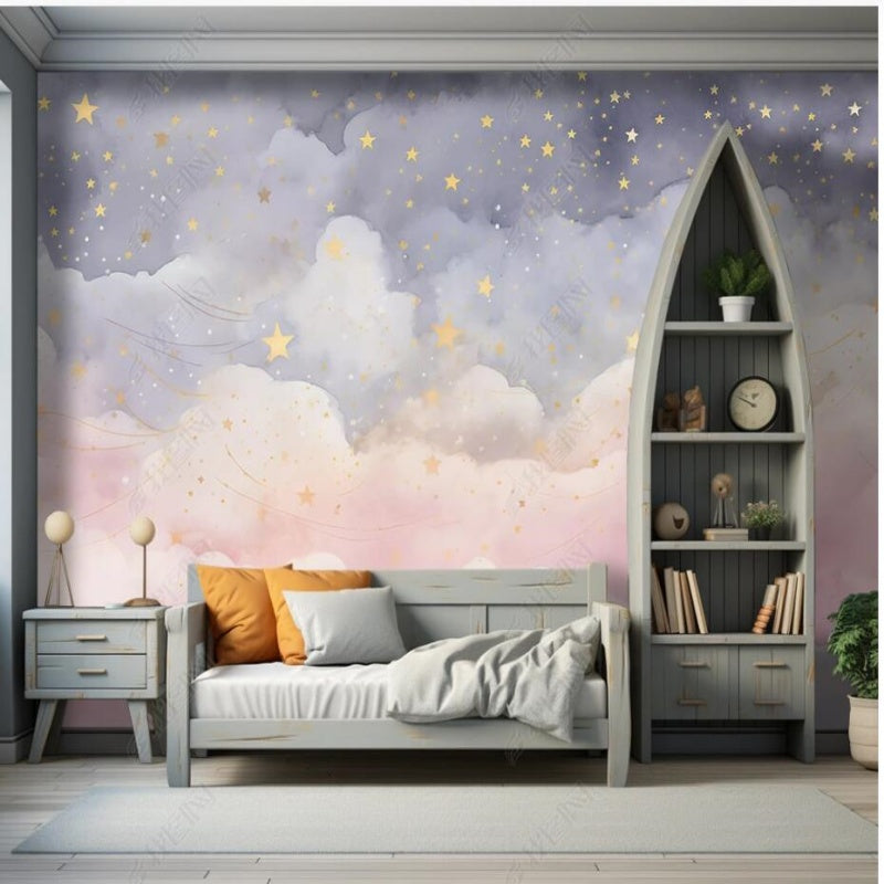 Cartoon Pink Clouds and Yellow Stars Nursery Wallpaper Wall Mural Wall Covering Home Decor