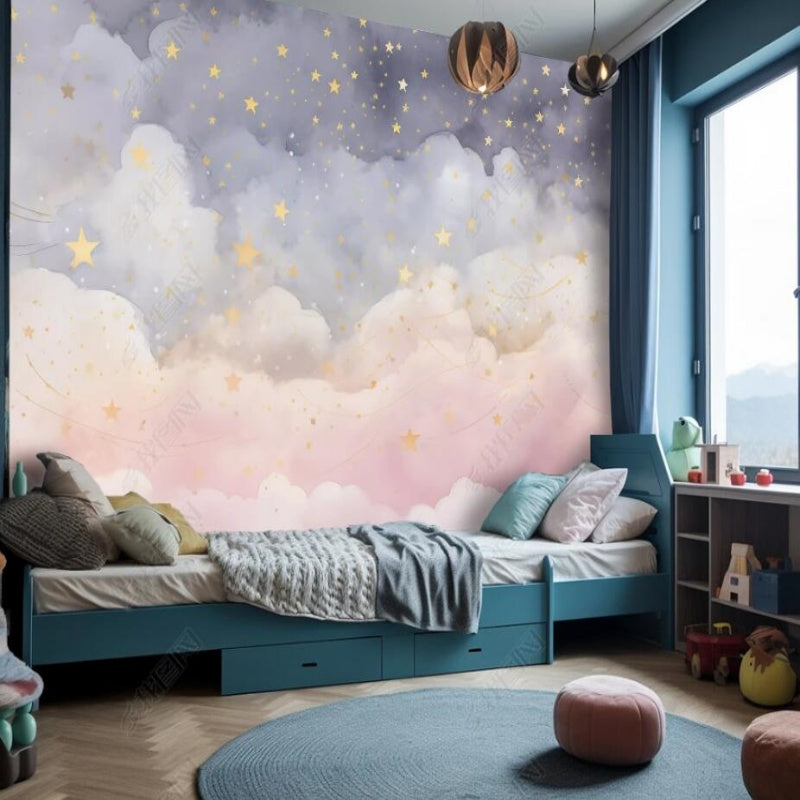 Cartoon Pink Clouds and Yellow Stars Nursery Wallpaper Wall Mural Wall Covering Home Decor