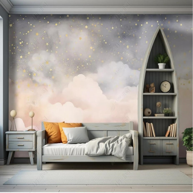 Cartoon Light Pink Clouds and Yellow Stars Nursery Wallpaper Wall Mural Wall Covering Home Decor