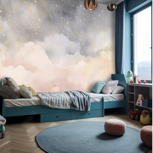 Cartoon Light Pink Clouds and Yellow Stars Nursery Wallpaper Wall Mural Wall Covering Home Decor