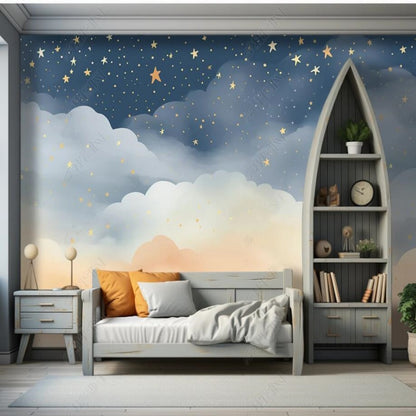 Cartoon Blue Sky Clouds and Yellow Stars Nursery Wallpaper Wall Mural Wall Covering Home Decor