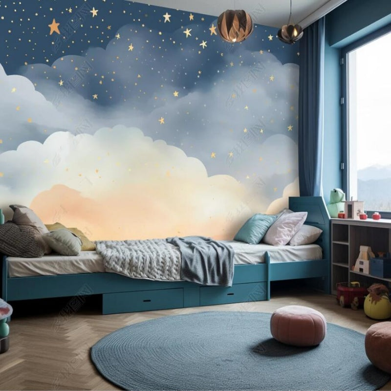 Cartoon Blue Sky Clouds and Yellow Stars Nursery Wallpaper Wall Mural Wall Covering Home Decor