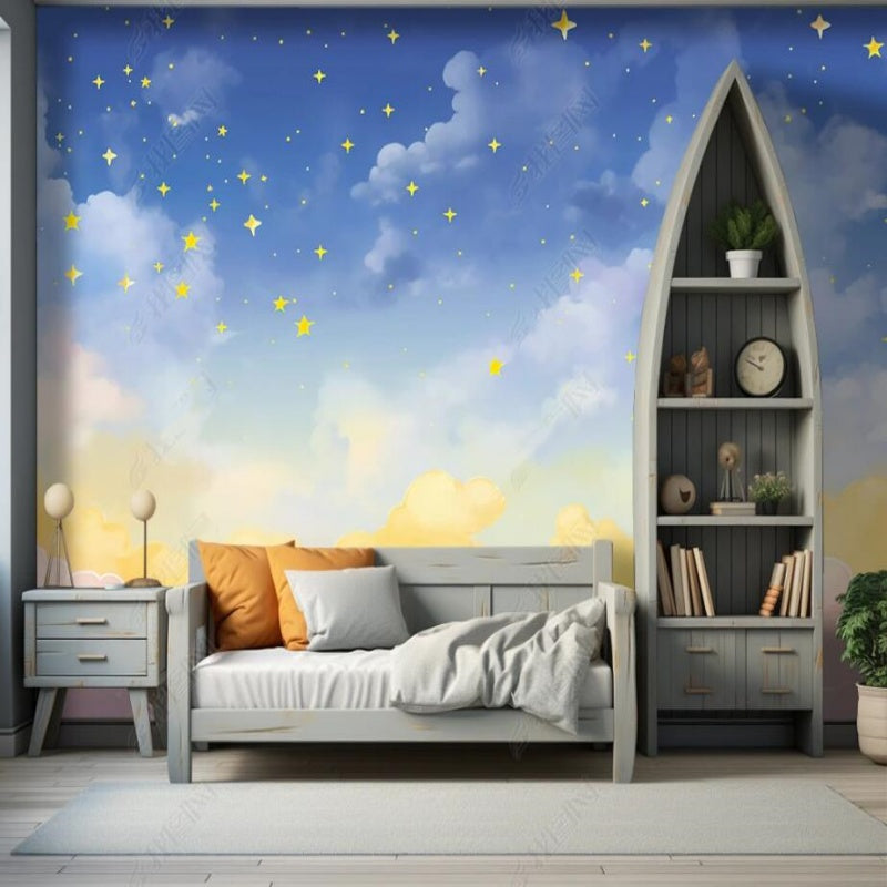 Cartoon Blue Sky Clouds and Yellow Stars Nursery Wallpaper Wall Mural Wall Covering Home Decor