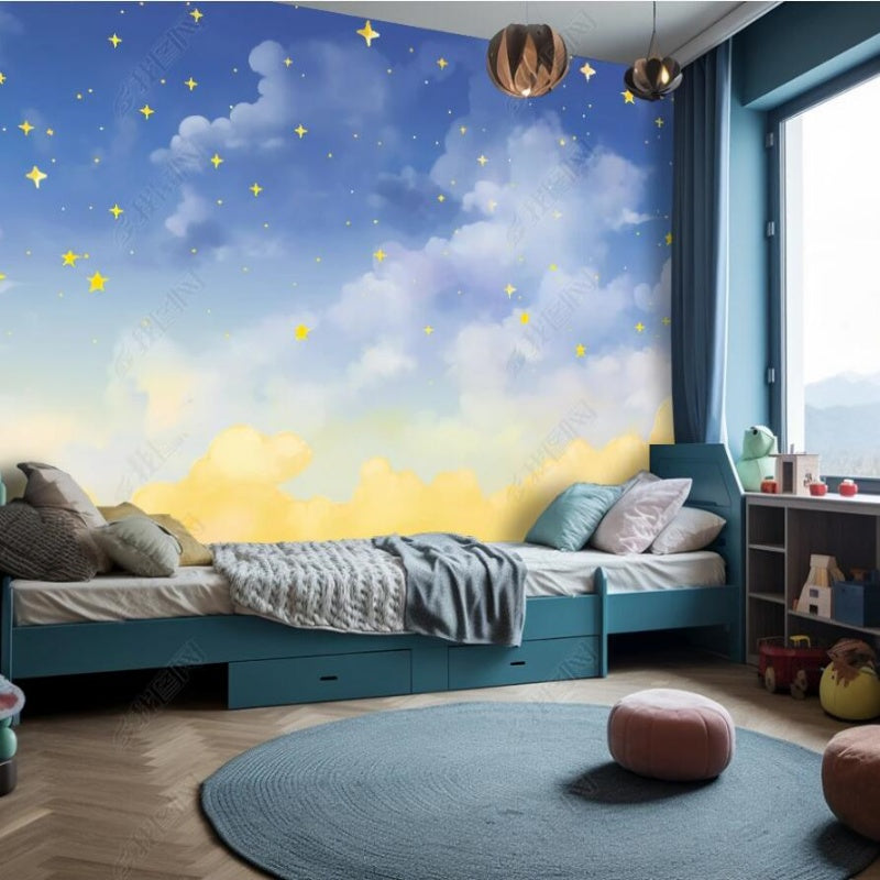 Cartoon Blue Sky Clouds and Yellow Stars Nursery Wallpaper Wall Mural Wall Covering Home Decor