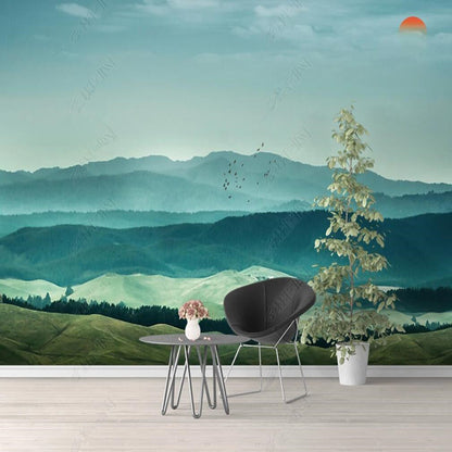 Blue Sky and White Cloud Green Mountains Landscape Wallpaper Wall Mural Wall Covering