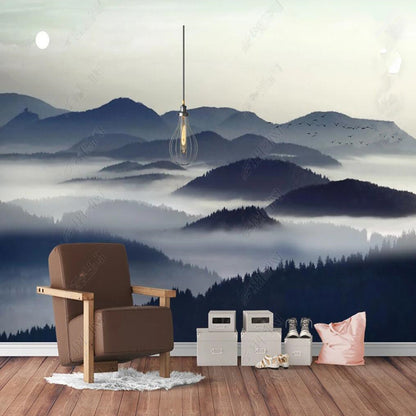 Dark Navy Misty Mountains Landscape Wallpaper Wall Mural Wall Covering