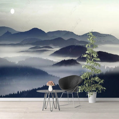 Dark Navy Misty Mountains Landscape Wallpaper Wall Mural Wall Covering