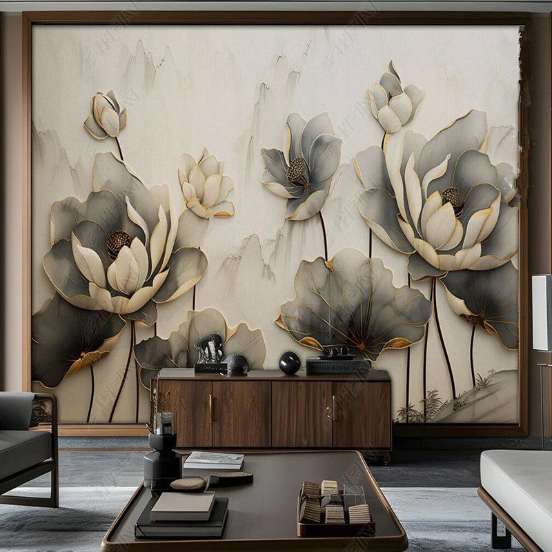 3D Gray Lotus Flowers Floral Wallpaper Wall Mural Home Decor