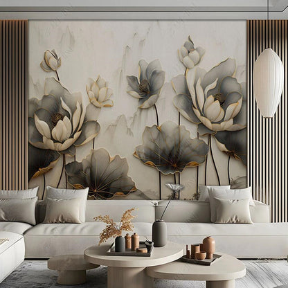 3D Gray Lotus Flowers Floral Wallpaper Wall Mural Home Decor