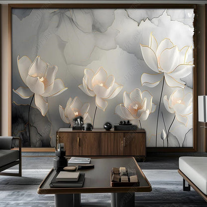 3D White Lotus Flowers Floral Wallpaper Wall Mural Home Decor