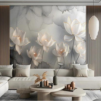 3D White Lotus Flowers Floral Wallpaper Wall Mural Home Decor