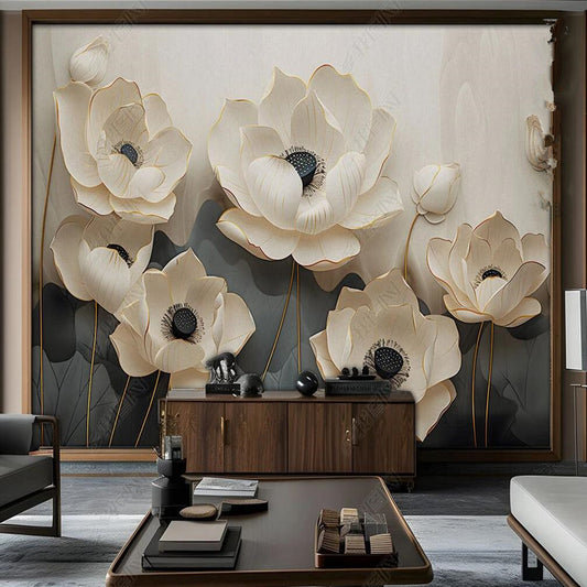 3D White Lotus Flowers Floral Wallpaper Wall Mural Home Decor