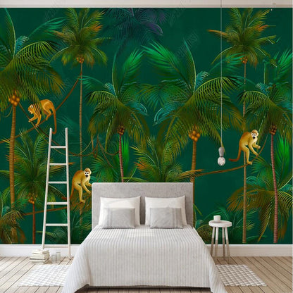 Retro Nostalgic Coconut Tree, Monkey Forest Wallpaper Wall Mural Wall Covering Home Decor