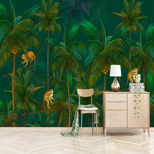 Retro Nostalgic Coconut Tree, Monkey Forest Wallpaper Wall Mural Wall Covering Home Decor