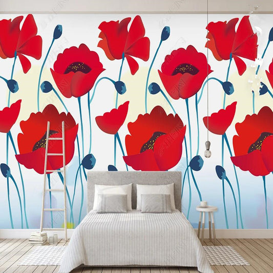 Watercolor Red Poppies Flowers Floral Wallpaper Wall Mural Wall Covering Home Decor