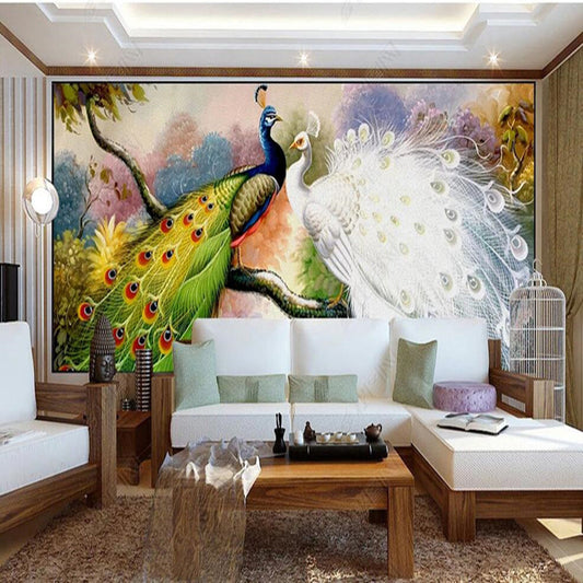 Two Peacocks Painting Wallpaper Wall Mural Home Decor