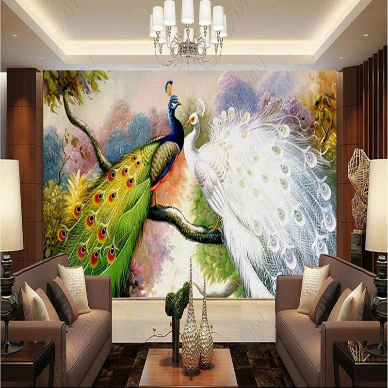 Two Peacocks Painting Wallpaper Wall Mural Home Decor