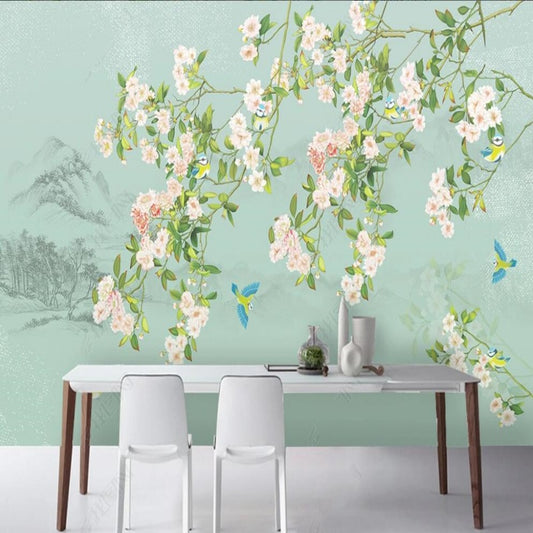 Chinioserie Brushwork Mint Green Background Pink Cherry Blossom Wallpaper Wall Mural Wall Covering