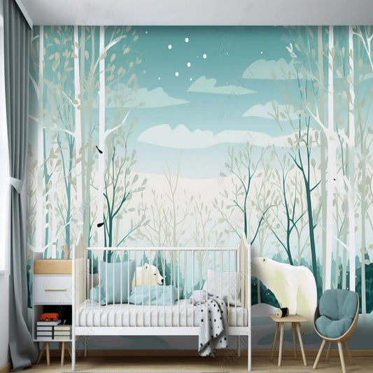 Cartoon Trees Forest  with Two Lovely Bear Nursery Wallpaper Wall Mural Home Decor