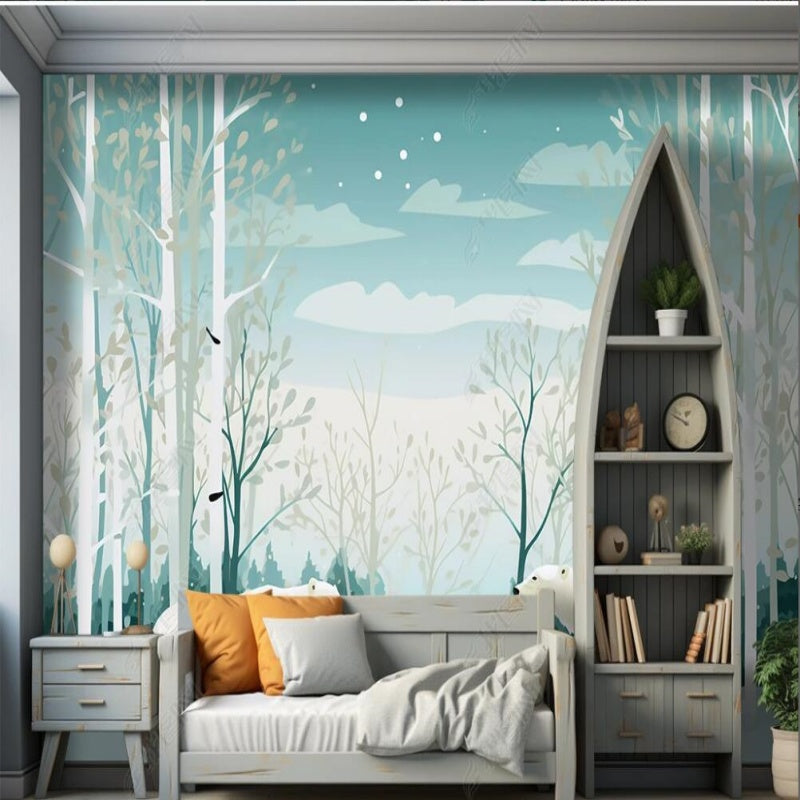 Cartoon Trees Forest  with Two Lovely Bear Nursery Wallpaper Wall Mural Home Decor