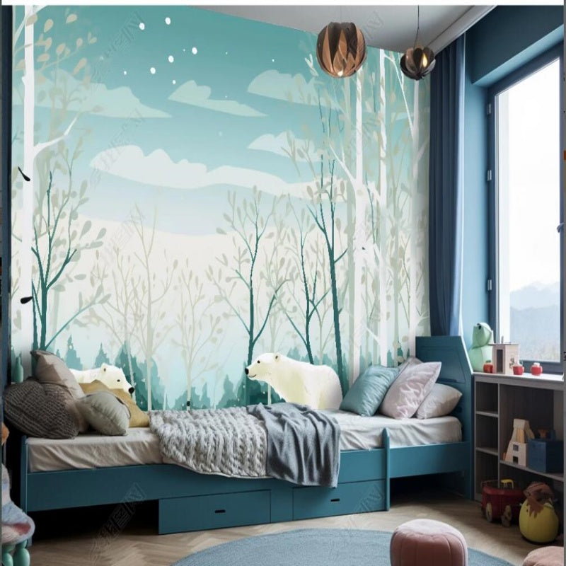 Cartoon Trees Forest  with Two Lovely Bear Nursery Wallpaper Wall Mural Home Decor