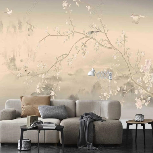 Chinoiserie Plum Blossom with Birds Wallpaper Wall Mural Wall Covering Home Decor