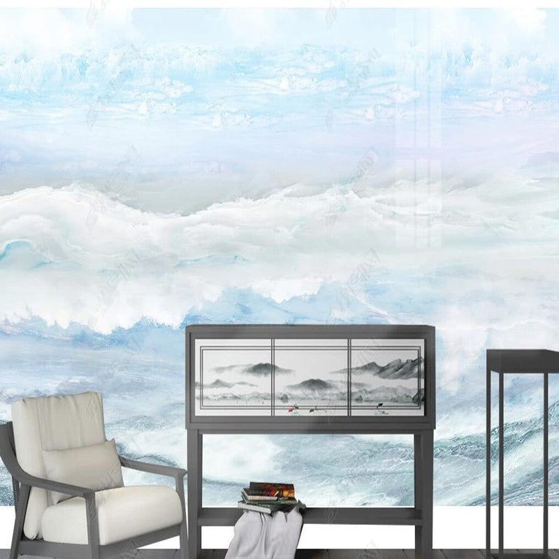 Blue Sky White Clouds Mountains and Waters Marble Wallpaper Wall Mural Wall Covering