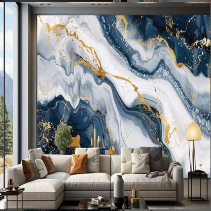 Abstract Blue Golden and White Marble Painting Wallpaper Wall Mural Wall Covering