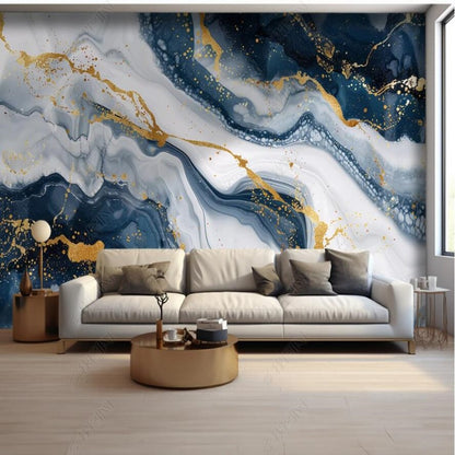 Abstract Blue Golden and White Marble Painting Wallpaper Wall Mural Wall Covering