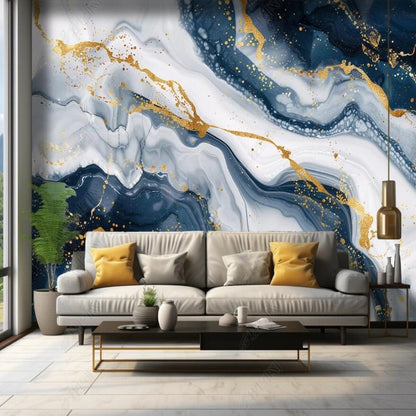 Abstract Blue Golden and White Marble Painting Wallpaper Wall Mural Wall Covering