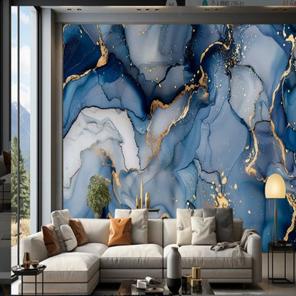 Abstract Royal Blue Golden and White Marble Painting Wallpaper Wall Mural Wall Covering