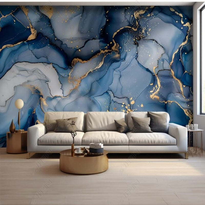 Abstract Royal Blue Golden and White Marble Painting Wallpaper Wall Mural Wall Covering